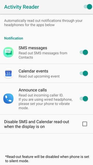 Activity Reader settings screen