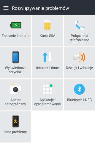 Ekran rozwiązywania problemów aplikacji Pomoc HTC