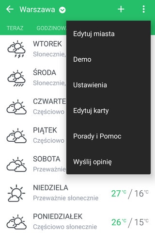 Obraz pokazujący dostępne opcje aplikacji Pogoda.