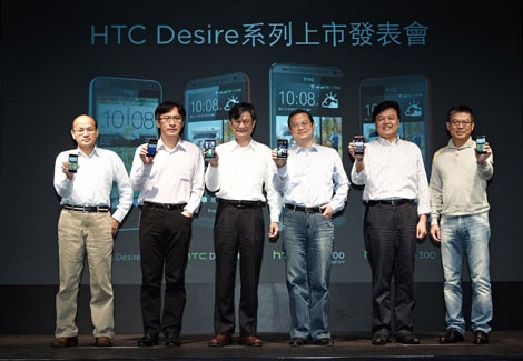 照片圖說：HTC今（27）日與三大電信業者宣布推出4款HTC Desire系列提供消費者更多樣繽紛的選擇。（左起：聯強國際通訊事業部總經理張永鴻、遠傳電信副總經理趙憶南、中華電信行動通信分公司副總經理鄭閔卿、HTC中國區總裁暨北亞區總經理董俊良、台灣大哥大副總經理謝樹恩與神腦國際創辦人兼總裁林保雍）