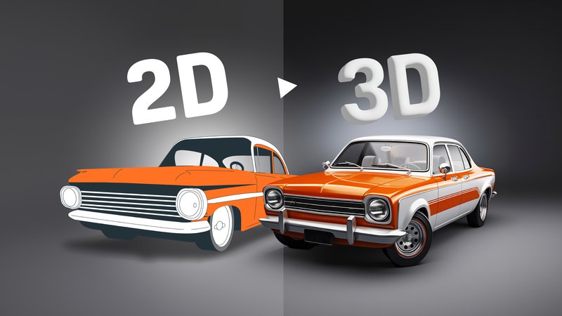 2D image of an orange car next to its 3D model version.