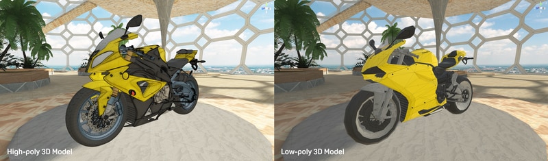 A high-polygon 3D motorbike (left) next to a low-polygon 3D motorbike.