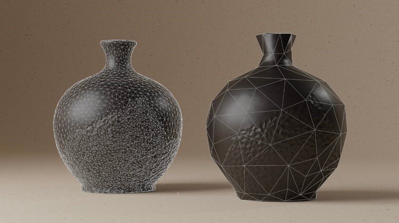 A gray vase (left) made up of more polygons next to one with fewer polygons.