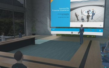 Avatar presenting and hosting a business meeting in a VR metaverse conference room