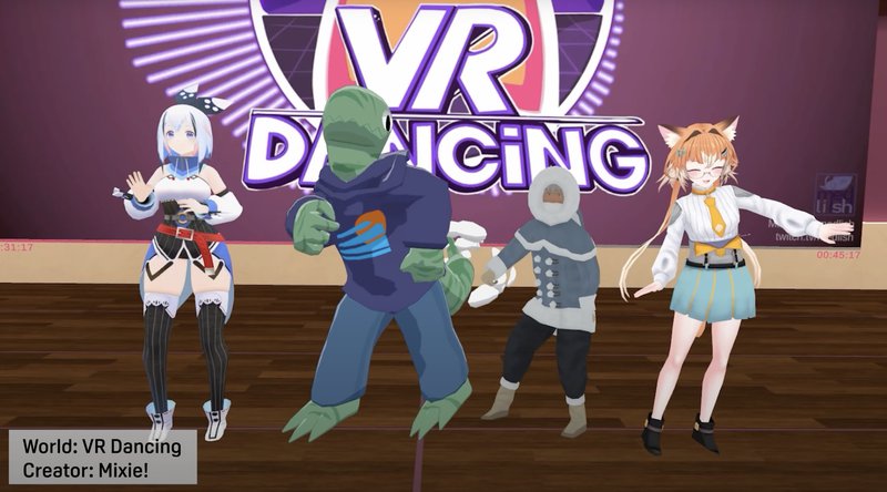 Four custom-made avatars in VRChat, the social VR game, having fun in the VR Dancing world, created by Mixie