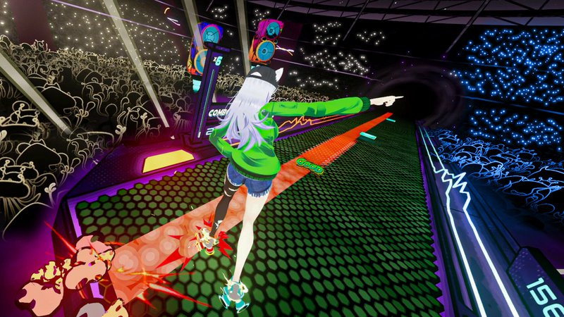 Avatar moving to the beat of the music in Dance Dash, a sports and rhythm game available on VR headsets and PC