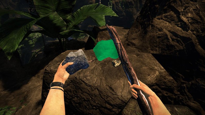 Making a rock pickaxe with Green Hell crafting in the Amazon rainforest with a small stick and a rock