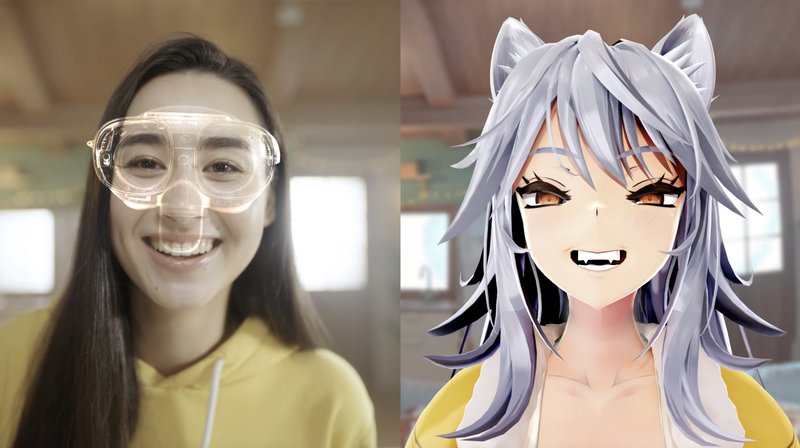 Person wearing VIVE XR Elite and VIVE Full Face Tracker beside smiling avatar in VRChat.