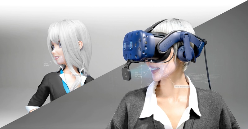 Smiling woman wearing VIVE Pro Eye and VIVE Facial Tracker next to smiling avatar