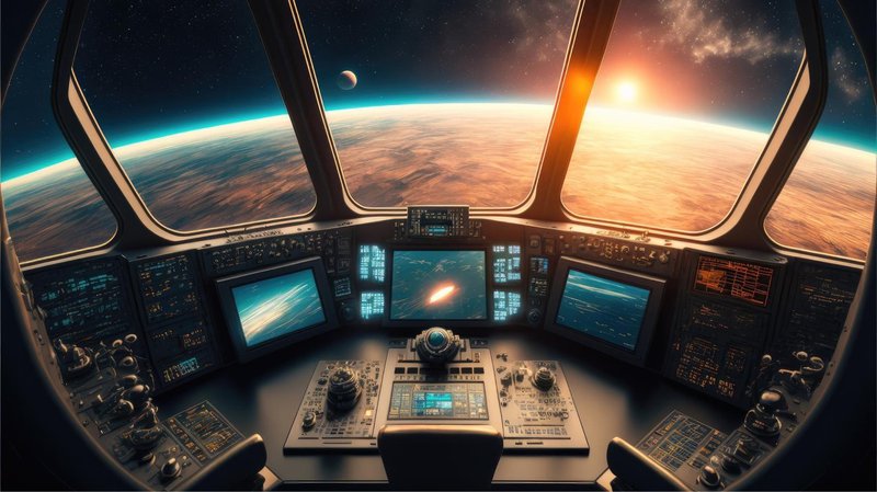 The cockpit of a space shuttle that is overlooking the Earth, Moon, and Sun