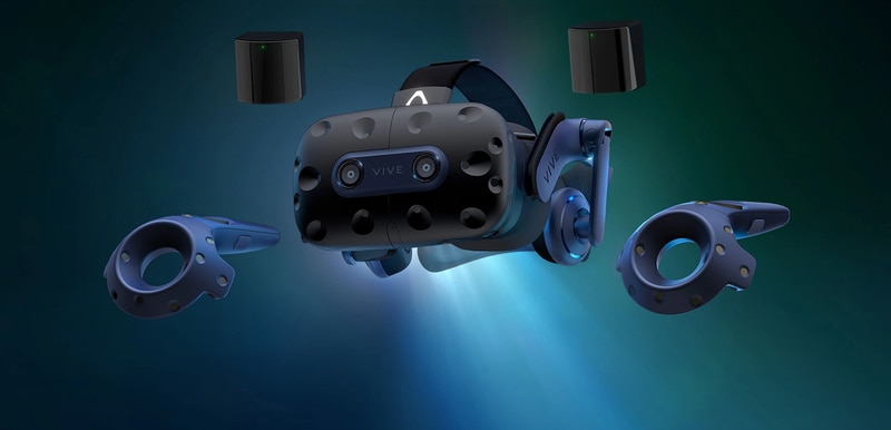 VIVE Pro 2 headset, controllers, and base stations