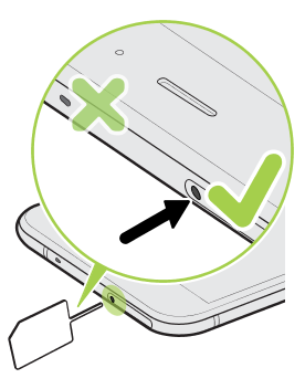 Illustration showing how to properly eject the SIM and SD card tray using the eject tool.