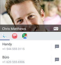 Screen showing various ways to connect with a contact by tapping their photo from the contacts list.