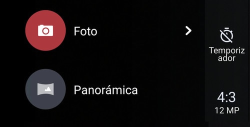 Screen showing available options for a selected camera mode.