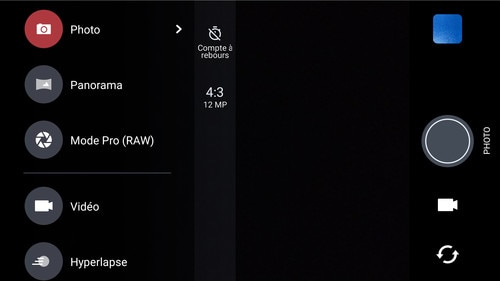 Screen showing various camera modes that appear when you tap the double bar icon.