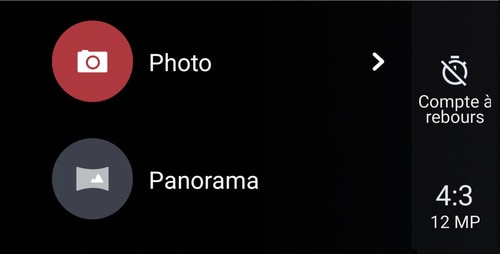 Screen showing available options for a selected camera mode.