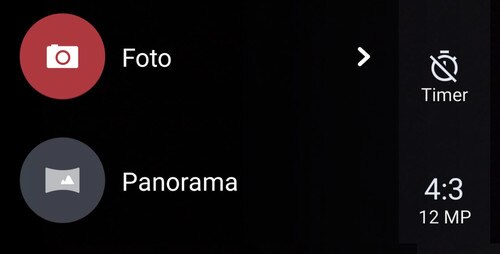 Screen showing available options for a selected camera mode.