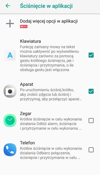 Screen showing the Edge Sense settings.