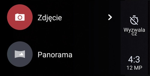 Screen showing available options for a selected camera mode.