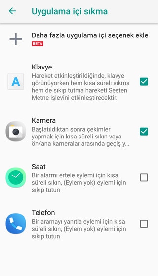 Screen showing the Edge Sense settings.