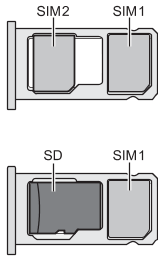 Illustration showing the position of the SIM card and SD card on the tray for a single-SIM and dual-SIM configurations.