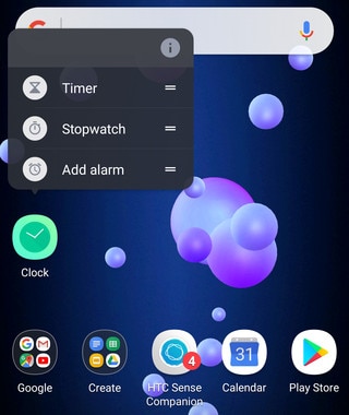 Screen showing available options when you press and hold an app icon.