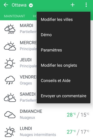 Image présentant les options disponibles dans l'appli Météo.