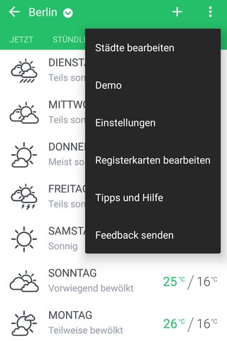 Bild zur Veranschaulichung der verfügbaren Optionen in der Wetter-App.