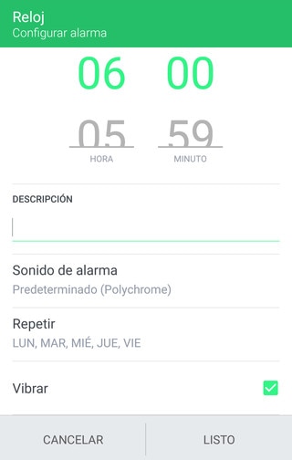 Imagen que muestra cómo configurar una alarma.