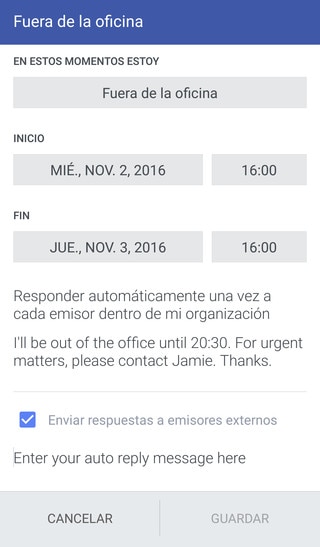 Imagen que muestra cómo configurar Fuera de la oficina.