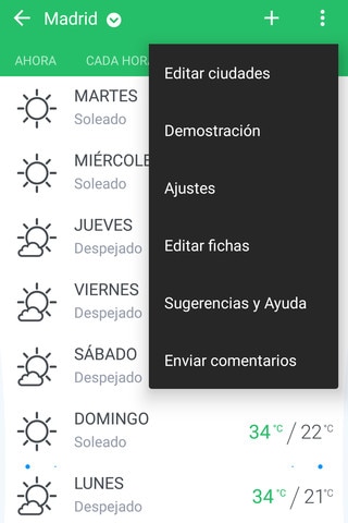 Imagen que muestra las opciones disponibles en la aplicación del tiempo.