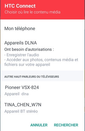 Image présentant l'invite de l'écran de HTC Connect.