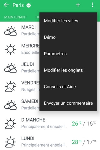 Image présentant les options disponibles dans l'appli Météo.