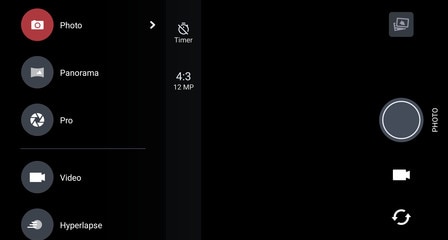 Screen showing various camera modes that appear when you tap the double bar icon.