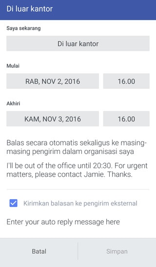Gambar yang menampilkan cara menyetel Di Luar Kantor.