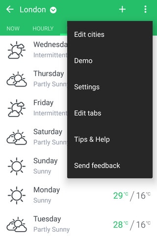 Image showing available options in the Weather app.