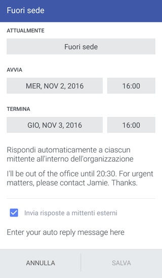 L'immagine mostra come impostare Fuori sede.