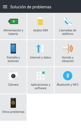 Pantalla de resolución de problemas de Ayuda de HTC