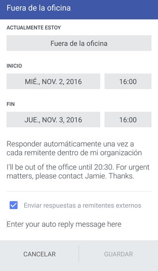 Imagen que muestra cómo establecer Fuera de la oficina.