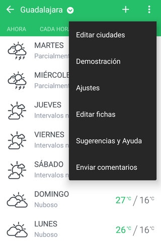 Una imagen que muestra las opciones disponibles en la aplicación Meteorología.