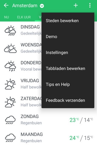 Afbeeldingen met de beschikbare opties in de app Weer.