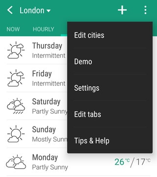 Image showing available options in the Weather app.