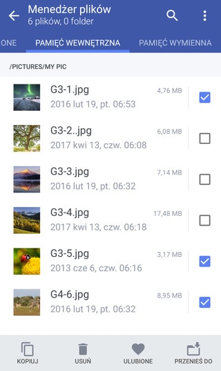 Zrzut ekranu wyboru plików w aplikacji Menedżer plików