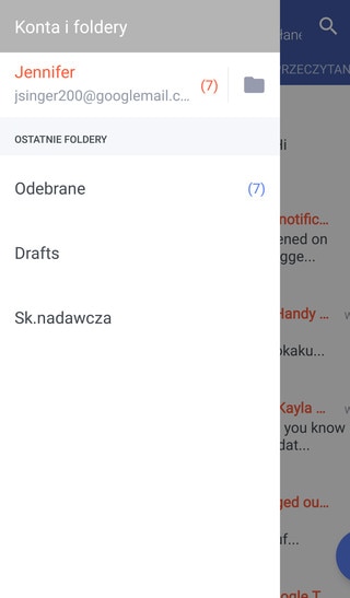 Ekran wybierania różnych kont pocztowych