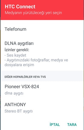 HTC Connect ekran isteğini gösteren görüntü.