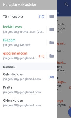 Farklı Posta hesapları seçme ekranı