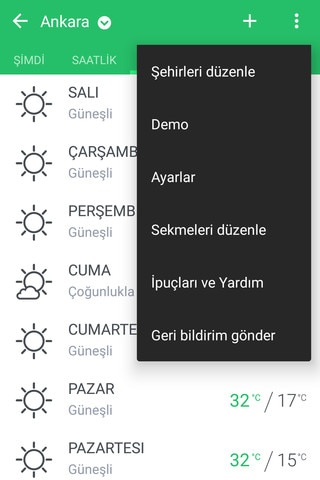 Hava Durumu uygulamasında kullanılabilir seçenekleri gösteren görüntü.