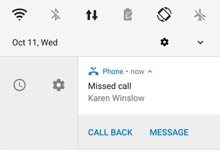 Screen showing an expanded missed call notification and options that you can do.