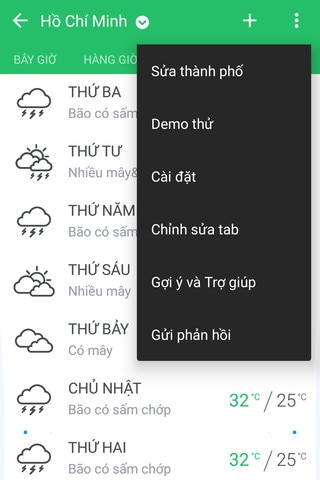 Hình ảnh thể hiện các tùy chọn có sẵn trong ứng dụng Thời tiết.